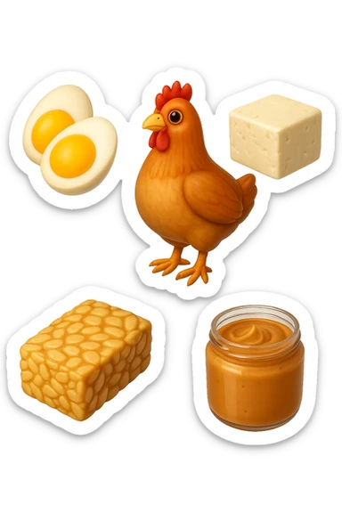EMOJI STILE IPHONE DI
 uova, pollo, tofu, tempeh, burro di arachidi
, fluttuano in aria REALISTICA 4K sticker