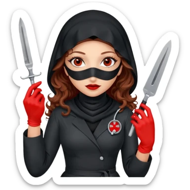 


Scary woman scalpel in hand, evil surgeon sexy surgeon clothes.  She has redcolored  eyes. Her  hair only is free ne brown long curly hair. Wears sexy doctor outfit with red gloves. make her wear full Muslim burka to mask and nose mouth mask  to hide. Wears white surgeon coat, wears  stilettos sticker