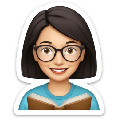 Older Hispanic woman smiling, with black-brown hair and wearing reading glasses sticker