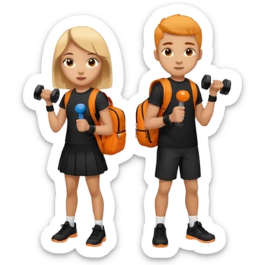light skin students girl and boy with school bag full of books on back and dumbell in hand. Clothes are in black and orange colours. They are going to the gym sticker