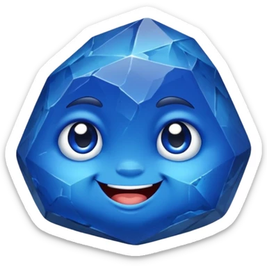 A single chubby gemstone rock character, bright sapphire blue, very rock-like with chunky irregular facets and a slightly rough stone texture, big glossy eyes and a happy smile sticker