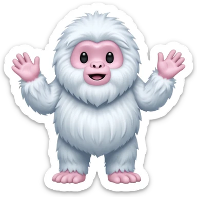 A fluffy, white creature resembling a yeti stands upright, featuring a round body and long, shaggy arms. Its face is smooth with a simple, flat mouth and no visible eyes. The hands and feet are pink with claw-like digits, and the creature has a whimsical, cartoonish appearance sticker
