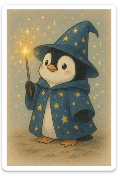 A cute penguin wizard with a starry robe and a glowing wand, magical sparkles around, ghibli style sticker