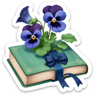 A nostalgic still life of a green vintage book, faded blue ribbon, and pressed navy pansies. sticker