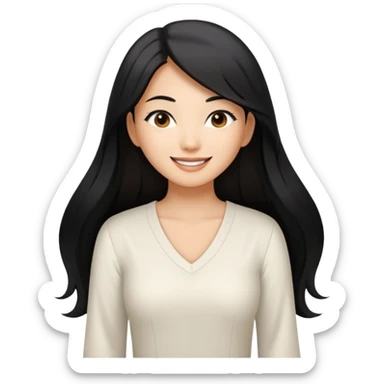 medium tan asian woman with long black hair past middle of back, round brwn eyes, white v neck blouse smiling. sticker