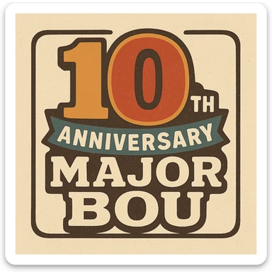 Retro-style 10th anniversary logo for Major Bou with bold typography and vintage colors sticker