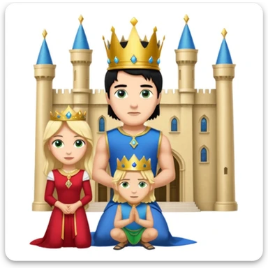 Man as king, standing, black Hair, blue eyes, female Servoamt, blonde, green eyes, shott white sleveless Dress, kneeling, background palace sticker