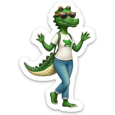 anthropomorphised female crocodile in a band t-shirt and jeans with sunglasses walking upright, relaxed pose sticker