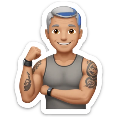 un homme de 50 ans, cheveux court gris, musclé avec le bras droit tatoué sticker