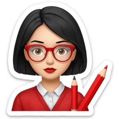 Morena girl with black hair in a pencil that creates a hun hairstyle. She has red glasses sticker
