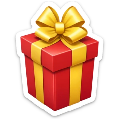 Front-facing upright red gift box with a yellow ribbon and a centered bow, rounded sticker