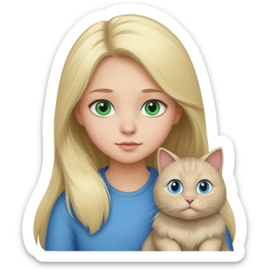 blonde girl with long blonde hair and blue eyes with chubby gray cat with big green eyes sticker