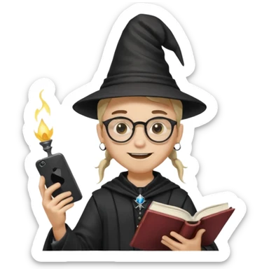 ["A happy boy with light skin, ponytail, wearing a wizard hat and square glasses, dressed in goth fashion, is reading a book while holding a phone."] sticker