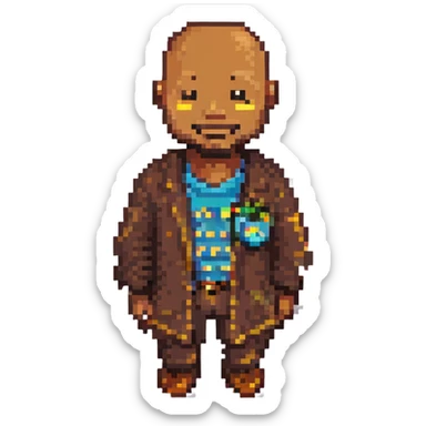 Change the skin tone to a dark brown, keep the 8-bit pixel art style, bald, smiley, low beard, with no background. sticker