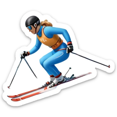 An icon featuring snowy peaks, pine trees, and a picturesque mountain landscape with a skier racing down a snow-covered slope, The sky is blue with soft clouds, capturing the thrill and beauty of alpine skiing. Transparent background highlights the excitement and serenity of winter sports. sticker