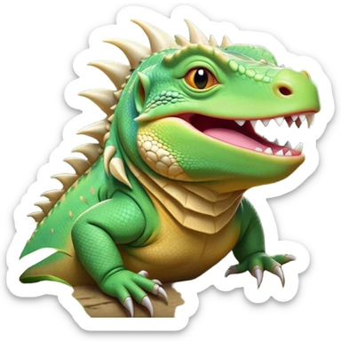 Cinematic Cute Yawning Iguana Portrait Emoji, Head tilted slightly with a dramatic, wide-open yawn, showcasing a sturdy, scaled body with a softly drooping spiky crest and sleepy, half-closed eyes, Simplified yet irresistibly adorable features, highly detailed, glowing with a soft, cozy jungle glow, high shine, relaxed yet expressive, stylized with a dash of whimsical charm, soft glowing outline, capturing the essence of a drowsy yet affectionate iguana that appears ready to stretch out for a nap! sticker