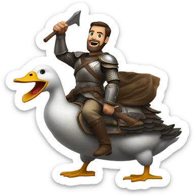 Confident armored White Man with dark brown hair and a short beard pointing forward with one arm yelling a battle charge while riding on the back of a giant duck sticker