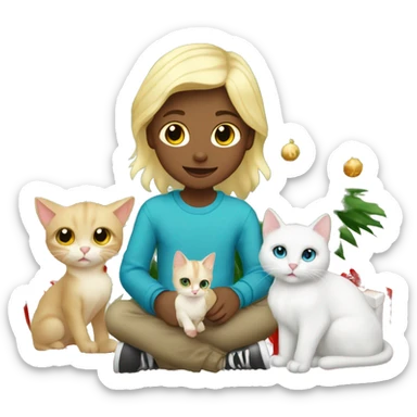 Blond kid with two white and Sibirien cats under a Christmas tree sticker