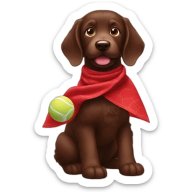 A chocolate colored doodle wearing a red and black handkerchief juggling three tennis balls sticker
