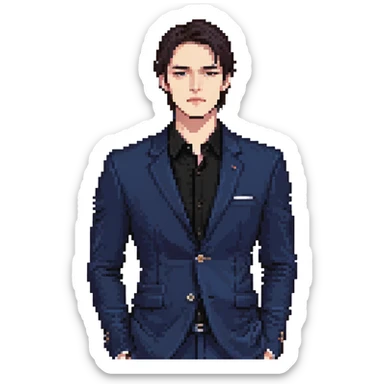 Flat pixel art, focused and reserved male thinker, fair skin, short sleek dark hair, intense sharp eyes, wearing a deep indigo suit jacket over a black shirt, left hand thoughtfully touching chin, waist-up, front-facing sticker