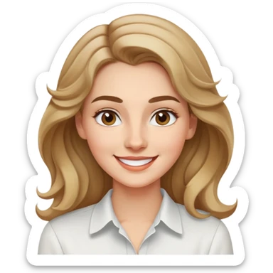 Mujer joven caucasian, cara alargada, cejas suaves, pelo rubio oscuro ondulado con puntas claras, raya al lado. Sonrisa amplia, expresión alegre. Camisa blanca. sticker