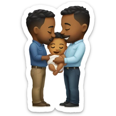 Two gay men kissing with a baby sticker