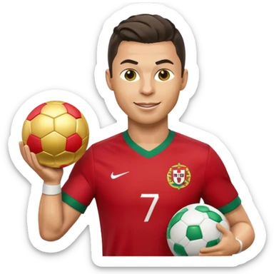 Cristiano Ronaldo as an apple-style emoji, winking, holding a golden ball, Portugal jersey sticker