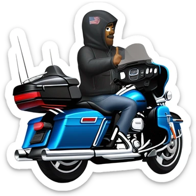 forward angled view of a harley davidson electra glide ultra classic with big blue pearl and vivid black two color paint scheme with recurve windshield, a radio antenna and a citizen's band radio antenna and an older man sitting on the front seat. sticker
