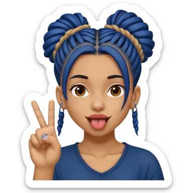 light brown girl with dark blue dreads in a bun with tongue out giving middle finger sticker