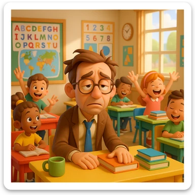 3d cartoon art of a exhausted teacher in a bustling classroom sticker