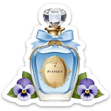 gainst a powdery blue silk backdrop, a vintage crystal perfume bottle with delicate gold filigree detailing catches the soft glow of the morning light. A silken ivory ribbon, loosely tied around its slender neck, cascades onto the fabric, creating soft folds. Scattered around the bottle, pale blue and creamy white pansies rest gently, their petals carrying hints of pearl-like shimmer. A few stray petals, kissed by the golden light, add a touch of delicate imperfection, evoking a sense of quiet romance. sticker