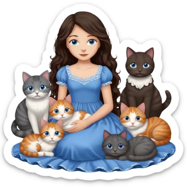 detailed realistic looking a dark grey and white cat regally laying with six other cats, cuddling with their owner in bed who is a pretty bratz lightly tanned white girl with long dark brown hair, blue eyes and gorgeous long wavy hair wearing a pretty detailed dress sticker