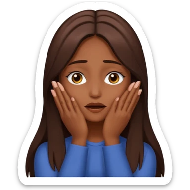 Create an emoji of an attractive chocolate brown woman with long middle part layered hair, turning her head to the side with her hands covering her face as if she’s hiding in embarrassment  sticker