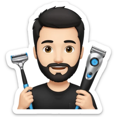 handsome young man, fair complexion, messy black hair and beard, smiling, black t-shirt, holding a single face beard trimmer in one hand, trimmer true to real size sticker