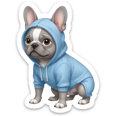 A full body grey French bulldog on all fours wearing a light blue hoodie with the hood down sticker