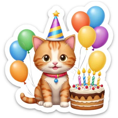 Ginger tabby kitten celebrates birthday, birthday hat, birthday cake, balloons, happy, gifts sticker