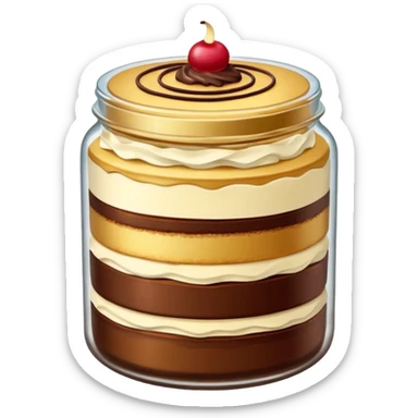 A layered little jar of cake that is gold sticker