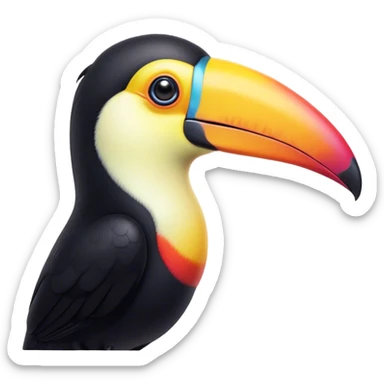 Cinematic Cute Toucan Portrait Emoji, Head tilted playfully and inquisitively, with a delightfully vibrant beak and round, sparkling eyes filled with tropical charm, Simplified yet irresistibly adorable features, highly detailed, glowing with a warm, inviting tropical glow, high shine, affectionate and lively, stylized with a touch of whimsical exotic flair, soft glowing outline, capturing the essence of a mischievous yet loving toucan that seems as if it could flutter out of the screen into your arms! sticker