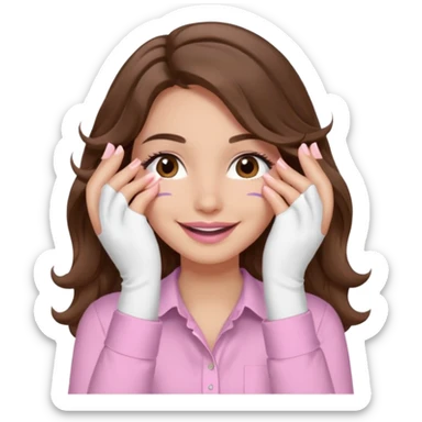 girl with wavy long brown hair, brown eyes, light to medium complexion, long lashes, light pink lipstick, wearing light pink shirt, smiling, hands covering over the eyes sticker