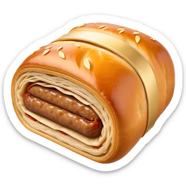 Cinematic Realistic Sausage Roll Dish Emoji, depicted with a crisp, golden pastry wrapped around flavorful sausage, rendered with detailed textures and appetizing lighting. sticker