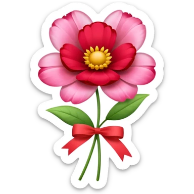 One red flower and one pink flower in transparent bouquet with red band  sticker