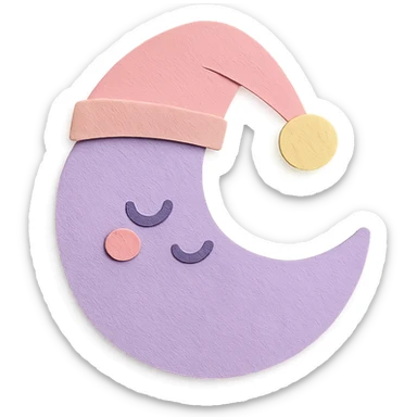 cute soft purple crescent moon, sleeping cap, no limbs, full body, soft pastel colors, paper craft style sticker