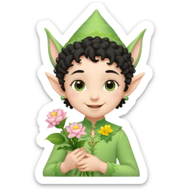 Tiny elf baby black curly hair with pointy ears\, pastel green outfit, hold flowers sticker