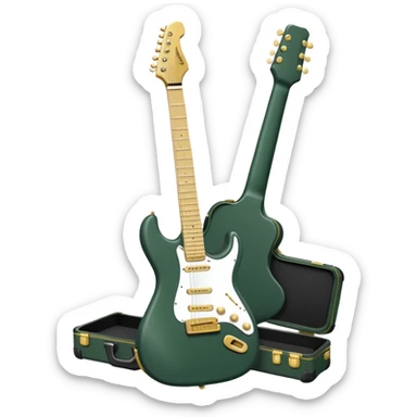 minimalist electric guitar in dark green, closed inside a black rectangular hard case with gold latches, soft matte textures, simplified details, compact artistic look sticker