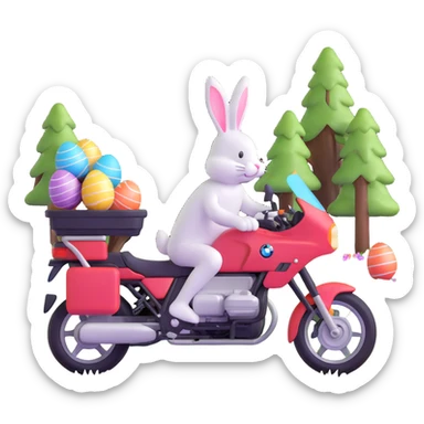 Easter bunny riding a BMW boxer motorcycle with trees and grass in the background, colorful Easter eggs hidden in the grass, and more bunnies watching from the side of the road sticker