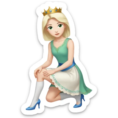 prince, upright, black Hair, blue eyes, garment,  Woman, bending knee, sleveless white dress, blonde hair, green eyes, sticker