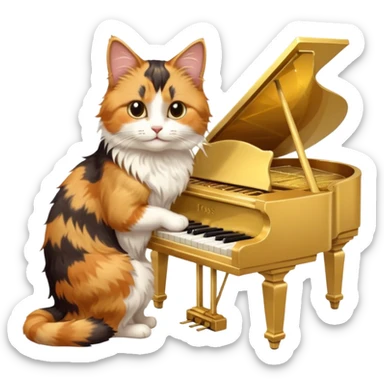 calico cat play gold piano, portrait sticker