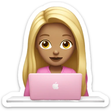 Girl with blond long  hair and  typing on pink MacBook  sticker