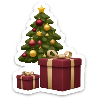 burgundy Christmas gifts under a beige tree sticker