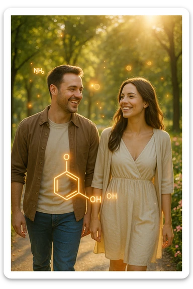 a smiling man and woman walk together along a sunlit park path, surrounded by green trees and blooming flowers. Sunbeams gently illuminate their faces, and subtle, glowing dopamine symbols float around them, symbolizing natural, healthy pleasure. The mood is uplifting and serene. sticker